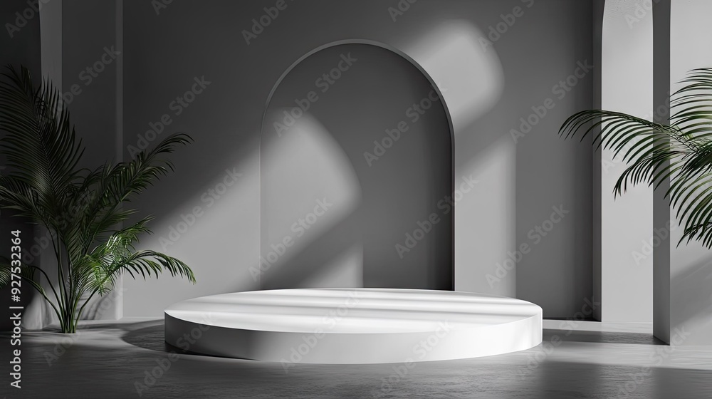 Modern gray room featuring a pulpit and podium with a white display base. Ideal for showcasing products or presentations. 3D illustration with ample copy space and a clean, professional backdrop. Modern gray room featuring a pulpit and podium with a white display base. Ideal for showcasing products or presentations. 3D illustration with ample copy space and a clean, professional backdrop.