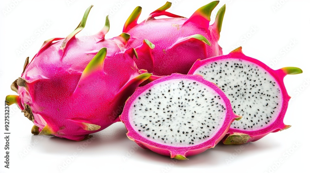 A whole dragon fruit (pitaya) with its bright pink skin, sliced to reveal the vibrant white and black speckled flesh A whole dragon fruit (pitaya) with its bright pink skin, sliced to reveal the vibrant white and black speckled flesh