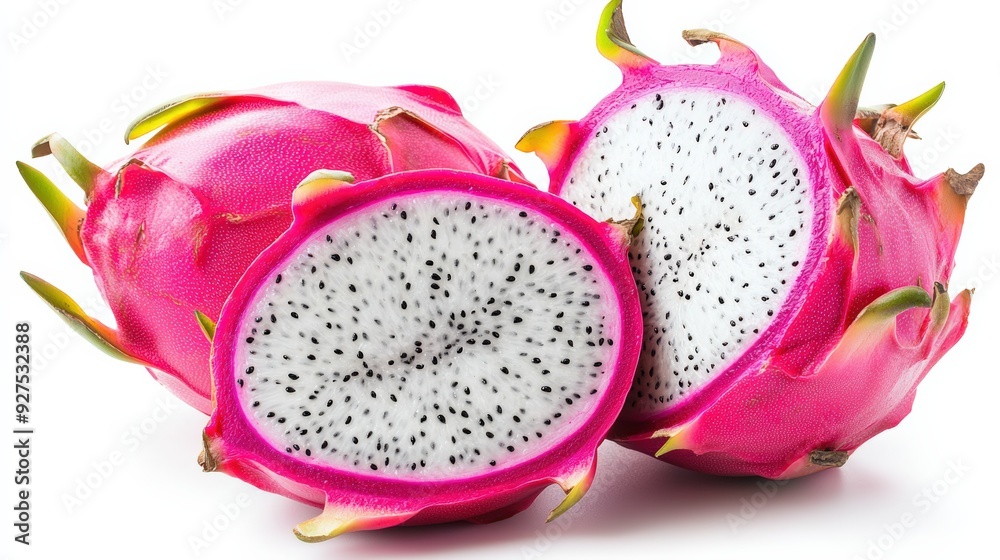 A whole dragon fruit (pitaya) with its bright pink skin, sliced to reveal the vibrant white and black speckled flesh A whole dragon fruit (pitaya) with its bright pink skin, sliced to reveal the vibrant white and black speckled flesh