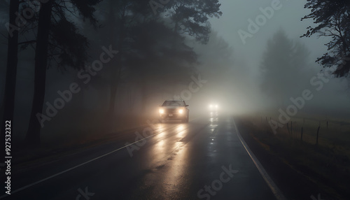 Car headlights cutting through fog on a dark road photo