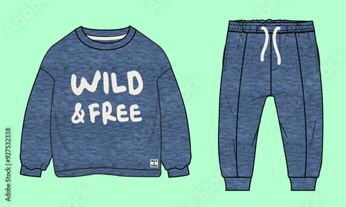 Boys drop shoulder winter texture terry fleece typographic crew neck sweatshirt and cuff jogger tracksuit flat sketch outline vector fashion illustration template. 