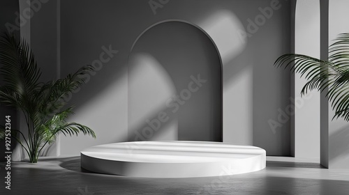 Modern gray room featuring a pulpit and podium with a white display base. Ideal for showcasing products or presentations. 3D illustration with ample copy space and a clean, professional backdrop.