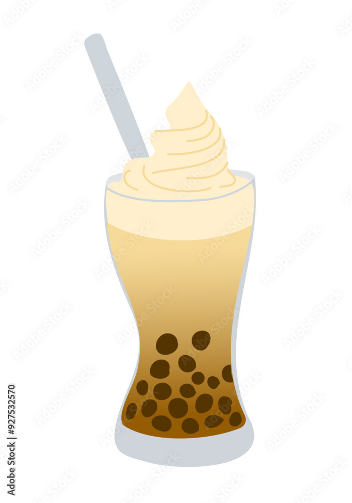 Bubble tea with tapioca pearls with whipped cream and straw. Summer vacation vector illustration isolated on white background. Good for decoration, stickers and logo Bubble tea with tapioca pearls with whipped cream and straw. Summer vacation vector illustration isolated on white background. Good for decoration, stickers and logo