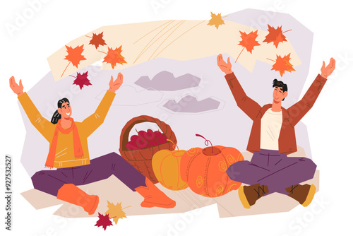 Hello Autumn banner or poster with people enjoying a pumpkin patch harvest, flat vector illustration. Autumn season banner or flyer design for farm market and Halloween fairs.