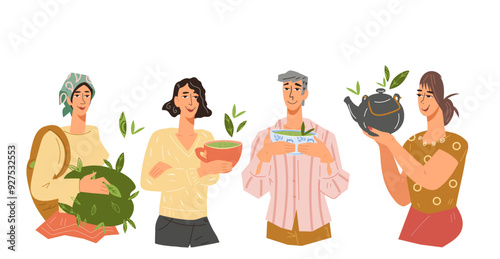 People with tea, drinking and brewing popular hot drink, flat vector illustration isolated on white background. Characters for tea, matcha banners and labels.