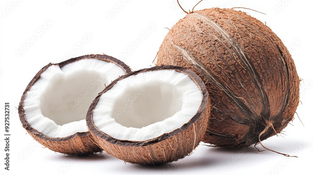 A whole coconut, with the shell intact and another halved to show the white flesh, isolated on white A whole coconut, with the shell intact and another halved to show the white flesh, isolated on white