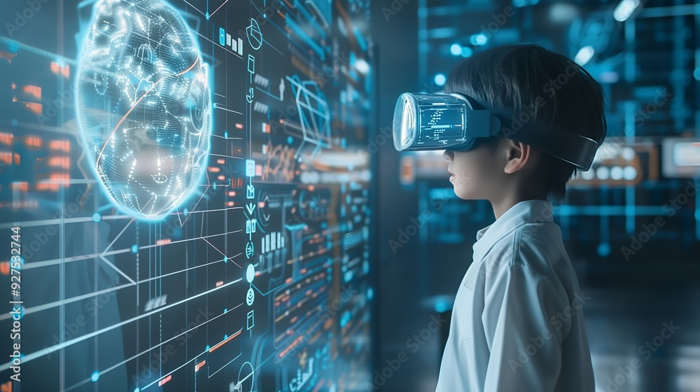 A young person wearing virtual reality goggles interacts with a futuristic digital screen displaying a holographic globe, data, and charts. A young person wearing virtual reality goggles interacts with a futuristic digital screen displaying a holographic globe, data, and charts.