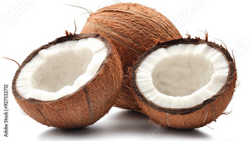 A whole coconut, with the shell intact and another halved to show the white flesh, isolated on white