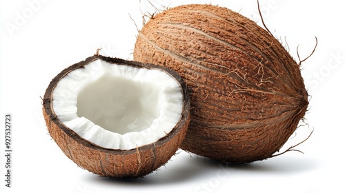 A whole coconut, with the shell intact and another halved to show the white flesh, isolated on white