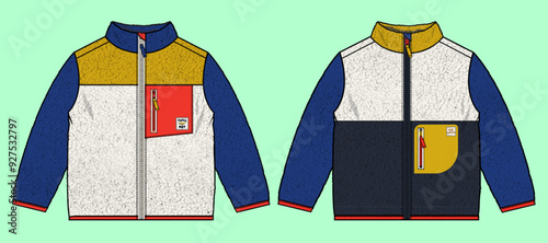 Boys retro colour block funnel neck zip through borg jacket flat sketch outline vector fashion illustration template. 
