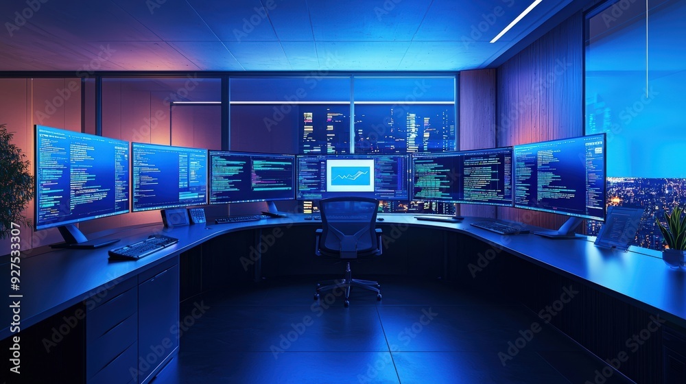 A virtual workspace with multiple monitors displaying data, representing the future of remote work A virtual workspace with multiple monitors displaying data, representing the future of remote work