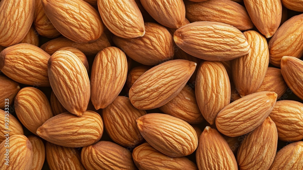 Fototapeta premium Background of big peeled almonds nuts as situated arbitrarily, top view. Healthy snack