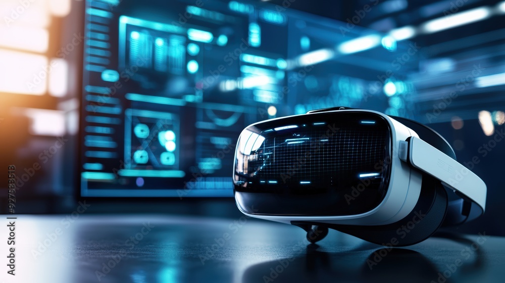 A virtual reality headset on a desk, with a futuristic interface in the background, emphasizing immersive technology A virtual reality headset on a desk, with a futuristic interface in the background, emphasizing immersive technology