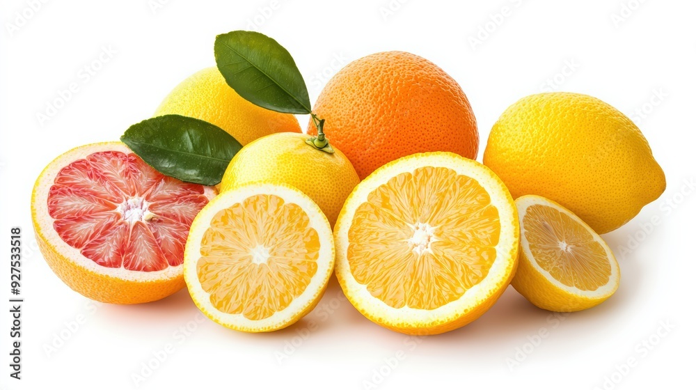 A vibrant selection of citrus fruits, including whole and sliced oranges and lemons, isolated on a white background, showcasing their freshness and export quality A vibrant selection of citrus fruits, including whole and sliced oranges and lemons, isolated on a white background, showcasing their freshness and export quality