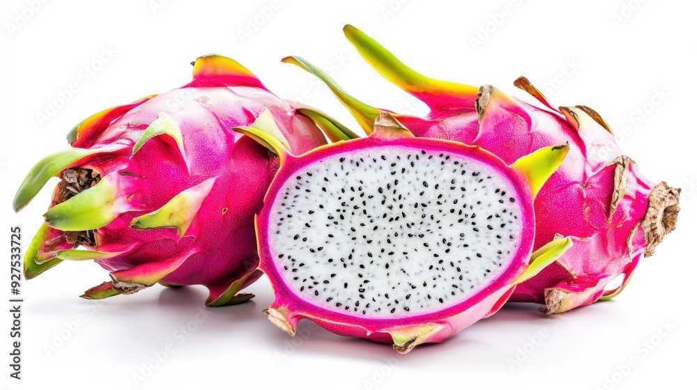 A vibrant dragon fruit (pitaya) with its pink skin and white flesh speckled with black seeds, isolated on a white background A vibrant dragon fruit (pitaya) with its pink skin and white flesh speckled with black seeds, isolated on a white background