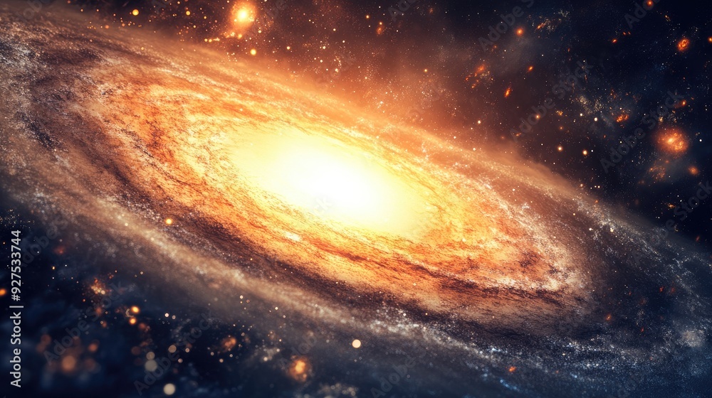 Fototapeta premium Planet horizon illuminated by the Andromeda galaxy collision in a 3D digital illustration. A dynamic cosmic event with merging galaxies and celestial effects.