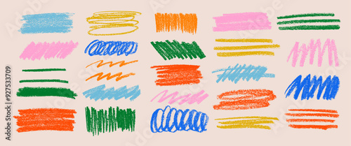 Multi colored charcoal pencil scribble vector set. Vector charcoal smears, horizontal wavy strokes and swirls. Doodle style sketchy lines.  Grungy smears and rough crayon strokes.