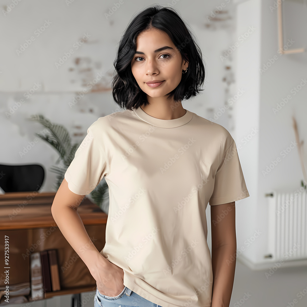 A young South Asian woman smiles confidently while wearing a beige t-shirt, set in a modern, bright workspace filled with plants. A young South Asian woman smiles confidently while wearing a beige t-shirt, set in a modern, bright workspace filled with plants.