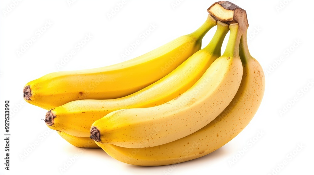 A vibrant bunch of ripe bananas, with smooth yellow skins, isolated on a white background, showcasing export quality