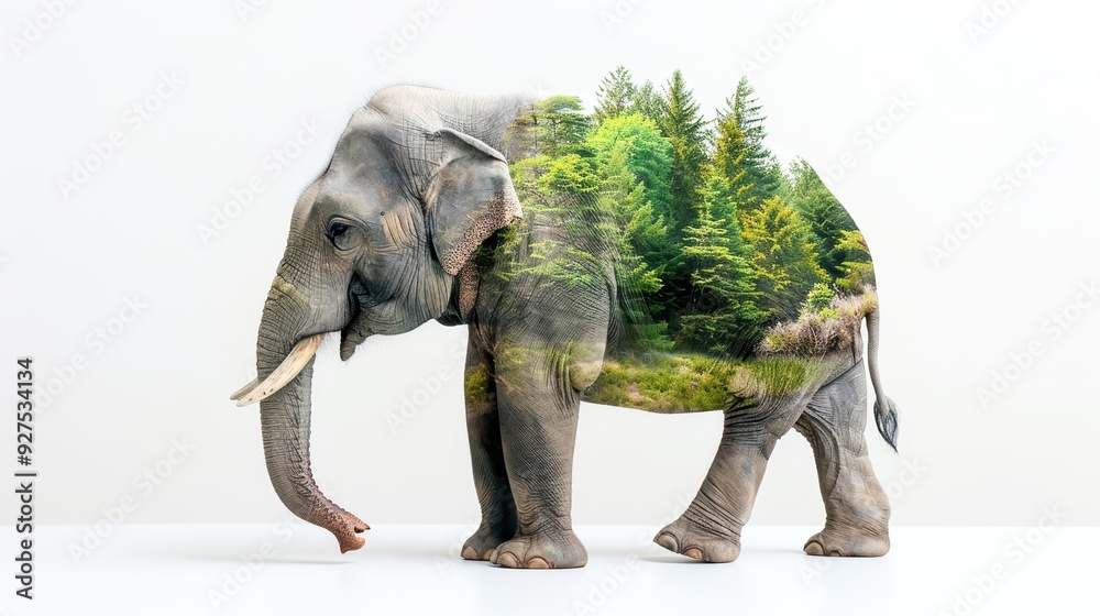 Fototapeta premium Double exposure of an elephant with a forest landscape, blending wildlife and nature in a creative composite image.