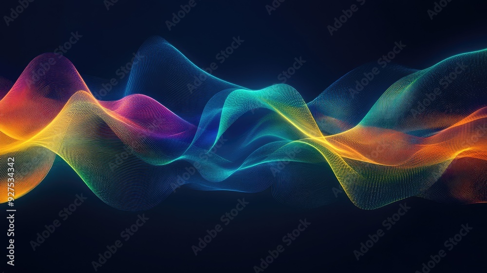 Fototapeta premium Rainbow gradient sound wave lines illustration depicting speech or audio in motion. Dynamic and colorful abstract background for tech or media themes.