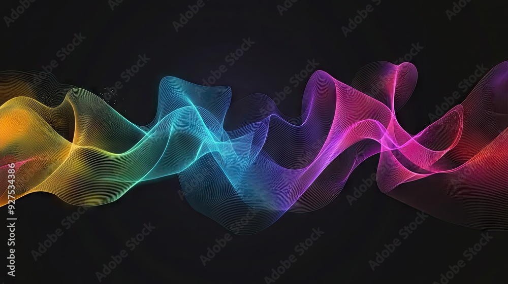 Fototapeta premium Rainbow gradient sound wave lines with an abstract motion background. Illustration capturing the essence of speaking or audio with flowing, colorful design elements.