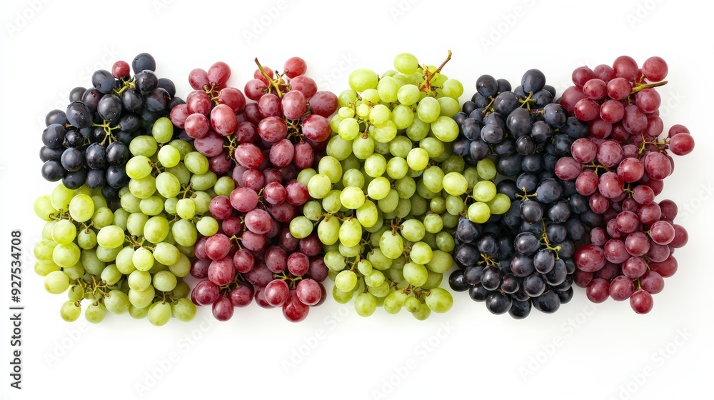 A variety of grapes, both red and green, arranged artistically on a white background A variety of grapes, both red and green, arranged artistically on a white background