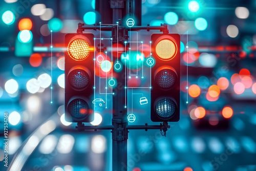 Futuristic Traffic Lights with Digital Interface in a Busy City at Night