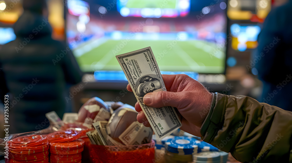 Person holding cash in hand while watching a sports match on TV, sitting at a desk with betting slips and snacks. Person holding cash in hand while watching a sports match on TV, sitting at a desk with betting slips and snacks.