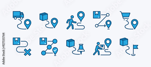 Set of package delivery location route icon vector. Containing map pin, distance, direction, pointer, packet or parcel shipping, tracking, cargo truck, parcel, gift, list and shopping cart