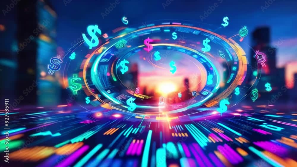 Futuristic glowing dollar signs in a circular motion against a city skyline. Futuristic glowing dollar signs in a circular motion against a city skyline.