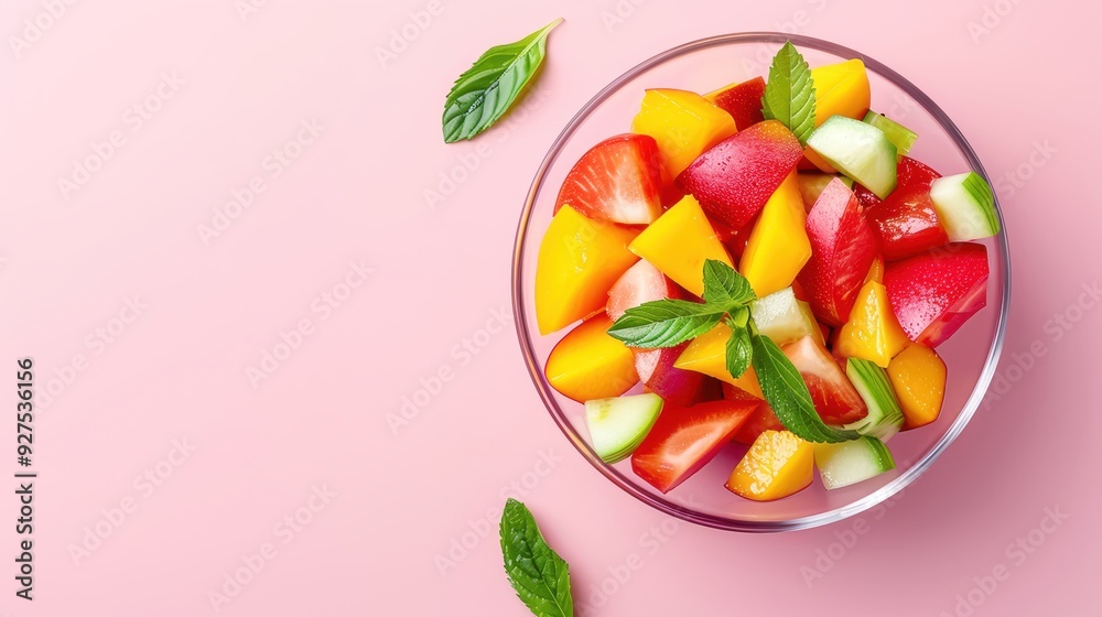 A bowl of colorful, fresh fruit salad with mint leaves on a pink background. Perfect for healthy eating and summer vibes. A bowl of colorful, fresh fruit salad with mint leaves on a pink background. Perfect for healthy eating and summer vibes.