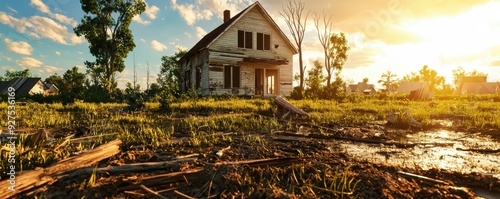 An abandoned house surrounded by overgrown grass and scattered debris, illuminated by the warm glow of sunset. photo