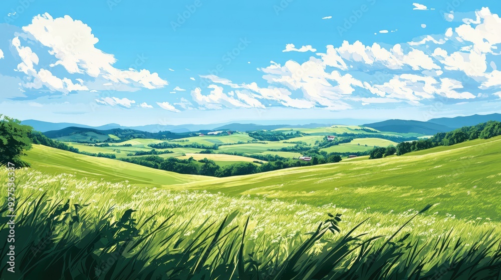 Fototapeta premium Serene green fields stretching over gentle hills with blue skies in a vector countryside scene. The illustration features meadows, pasturage, and a panoramic view of rural scenery.