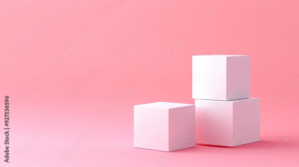 Simple and elegant white cube podiums on a pink pastel background. Ideal for 3D rendering product presentations and technical concept displays. Simple and elegant white cube podiums on a pink pastel background. Ideal for 3D rendering product presentations and technical concept displays.