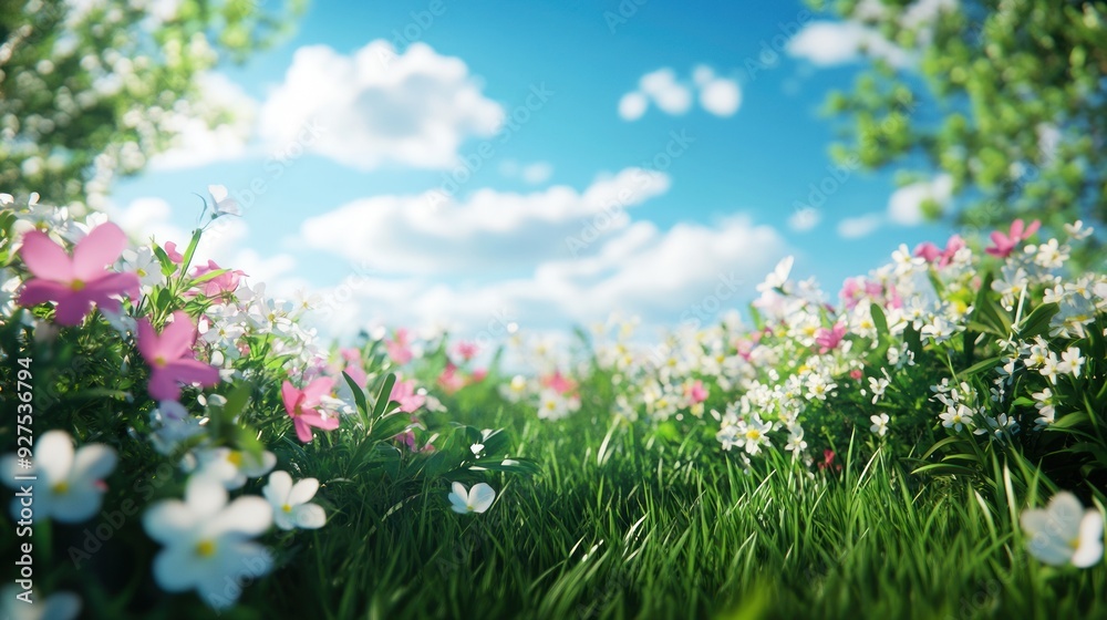 Spring Meadow with Delicate Blossoms and Blue Sky Spring Meadow with Delicate Blossoms and Blue Sky