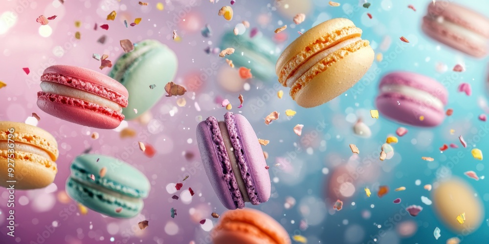 Colorful macarons cakes float in the air on a colorful pastel background Colorful macarons cakes float in the air on a colorful pastel background
