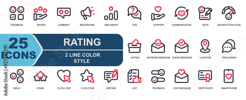 rating icon collection.style 2 line color.contains feedback,satisfaction,rating,comment,chat,star,megaphone,announcement,bar graph,faq,support,love.
