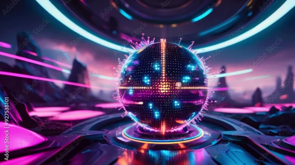 A glowing sphere with neon lights, futuristic sci-fi background.
