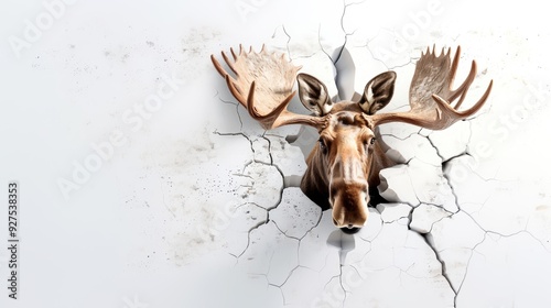 A moose head breaking through a cracked white wall, symbolizing strength and power in a unique and creative digital art installation.