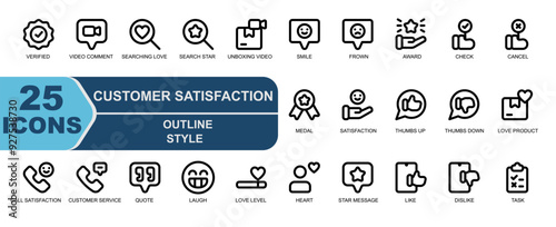 icon set customer satisfaction.simple outline style.contains verified,badge,video comment,video,searching love,search,search star,unboxing video,like,smile.
