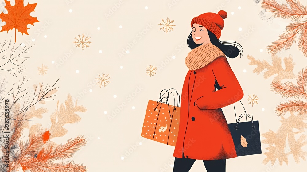 A smiling woman in a red coat and hat walks with shopping bags in a snowy background with autumn leaves on the sides. A smiling woman in a red coat and hat walks with shopping bags in a snowy background with autumn leaves on the sides.