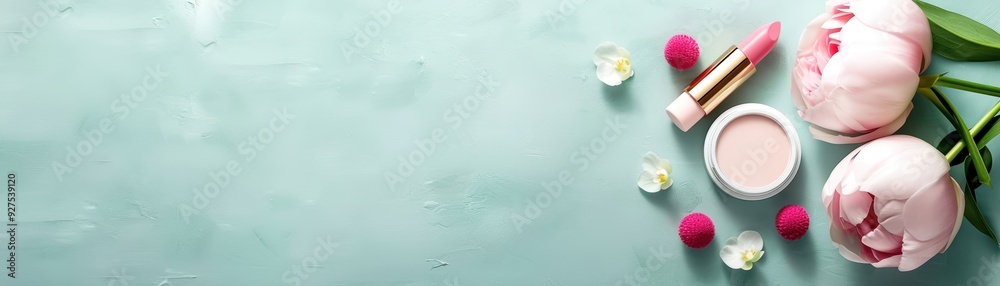 Flat lay of pink makeup products and peonies on green background. Elegant feminine composition suitable for beauty and cosmetic themes. Flat lay of pink makeup products and peonies on green background. Elegant feminine composition suitable for beauty and cosmetic themes.