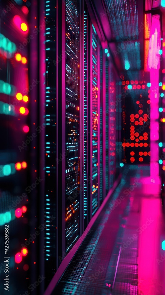 Illuminated Data Center Servers: High-Tech Environment with Rhythmic LED Lights Illuminated Data Center Servers: High-Tech Environment with Rhythmic LED Lights