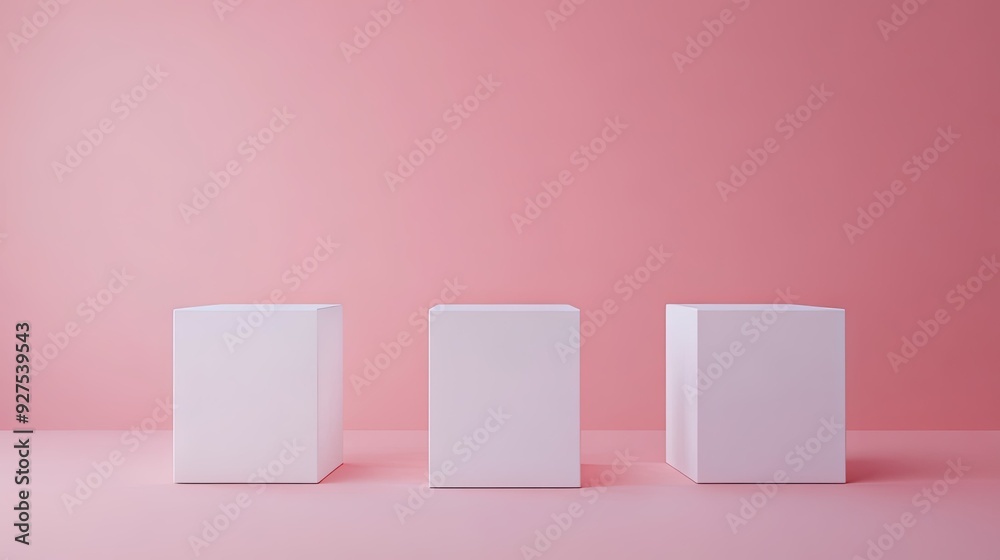 Three pristine white cube podiums on a soft pink pastel background. Perfect for clean, modern product presentations and 3D rendering visualizations. Three pristine white cube podiums on a soft pink pastel background. Perfect for clean, modern product presentations and 3D rendering visualizations.