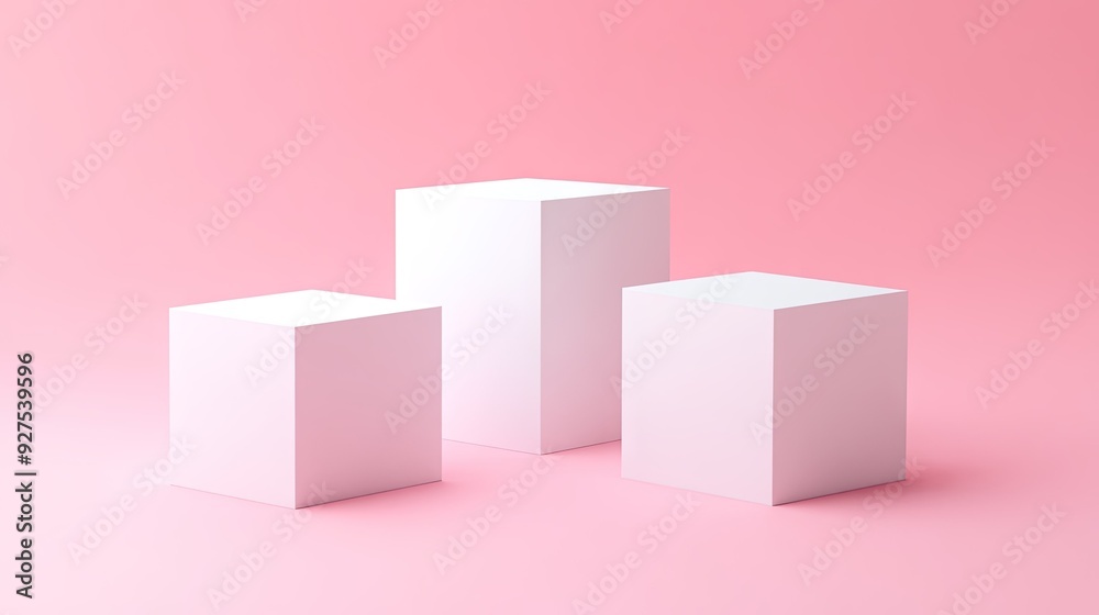 Three white cubes on a gentle pink pastel background. Minimalist design ideal for product showcases and 3D rendering technical presentations. Three white cubes on a gentle pink pastel background. Minimalist design ideal for product showcases and 3D rendering technical presentations.