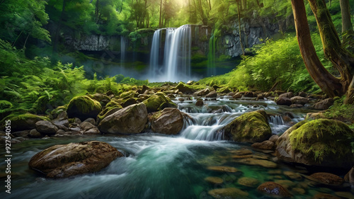 background view of a waterfall in the middle of a beautiful forest