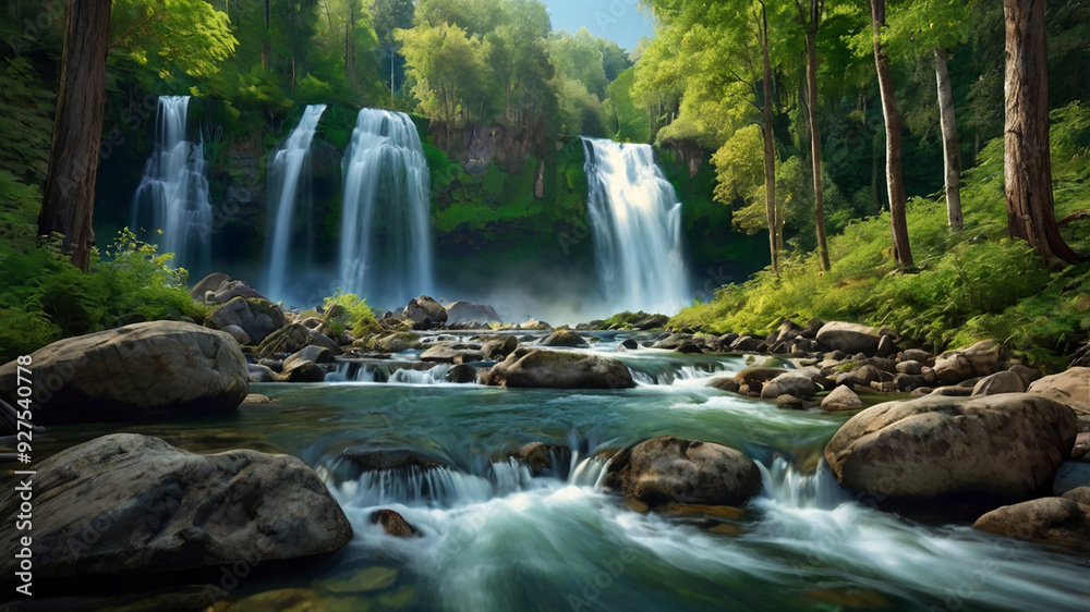 Obraz premium background view of a waterfall in the middle of a beautiful forest