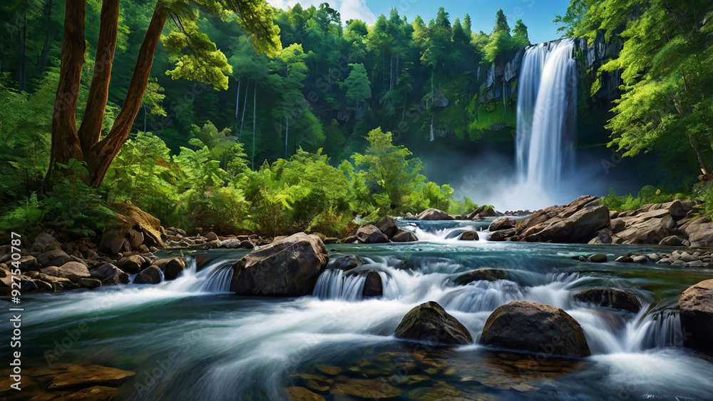 Obraz premium background view of a waterfall in the middle of a beautiful forest