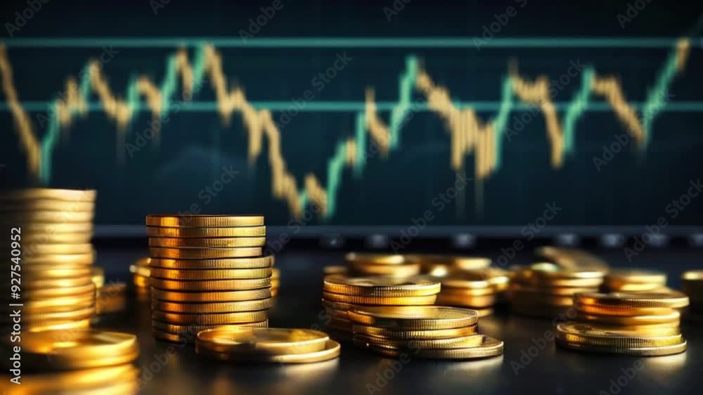 Golden coins stacked in front of a blurred stock market chart. Golden coins stacked in front of a blurred stock market chart.
